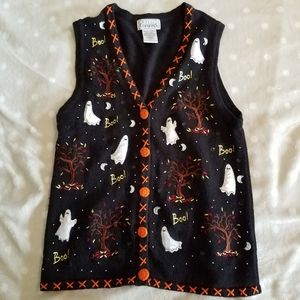 Basic Editions Halloween Sweater Vest Cute Ghosts and Fall Trees - Small